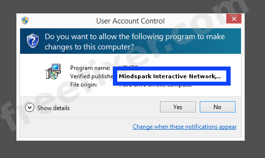 Screenshot where Mindspark Interactive Network, Inc. appears as the verified publisher in the UAC dialog